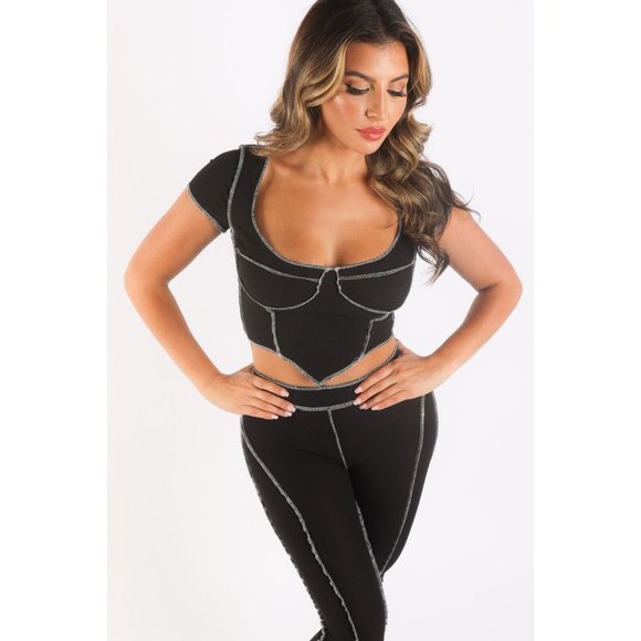 Women Ribbed Tops & Legging Set With Reverse Overlock Stitch Detail Short Sleeve - Picture 6 of 11